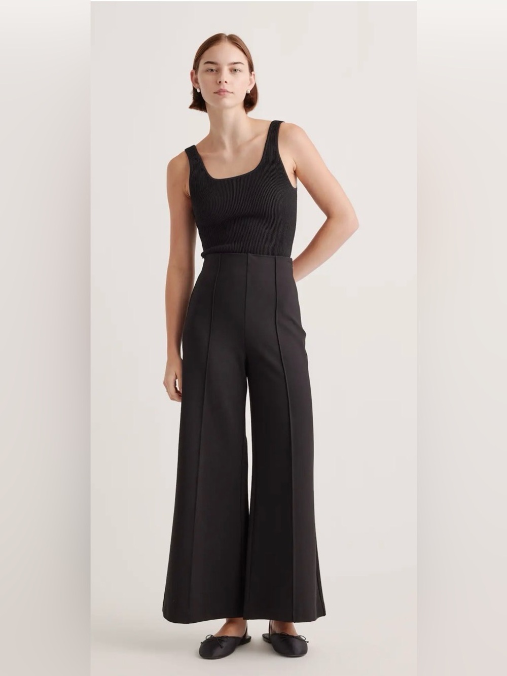 NWOT Quince Black A-Line Ultra-Stretch Ponte Super Wide Leg Ankle Pants